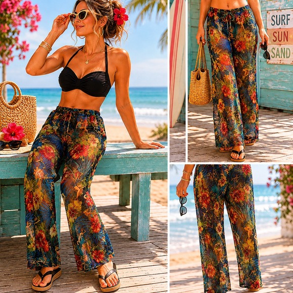 kathy ireland Other - Kathy Ireland Tropical Pin Up Girl Mesh Swim Cover Up Pants Size L